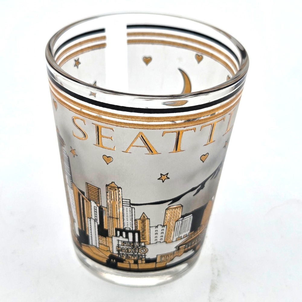 Seattle Space Needle City Skyline Souvenir Shot Glass Barware Gold & Black